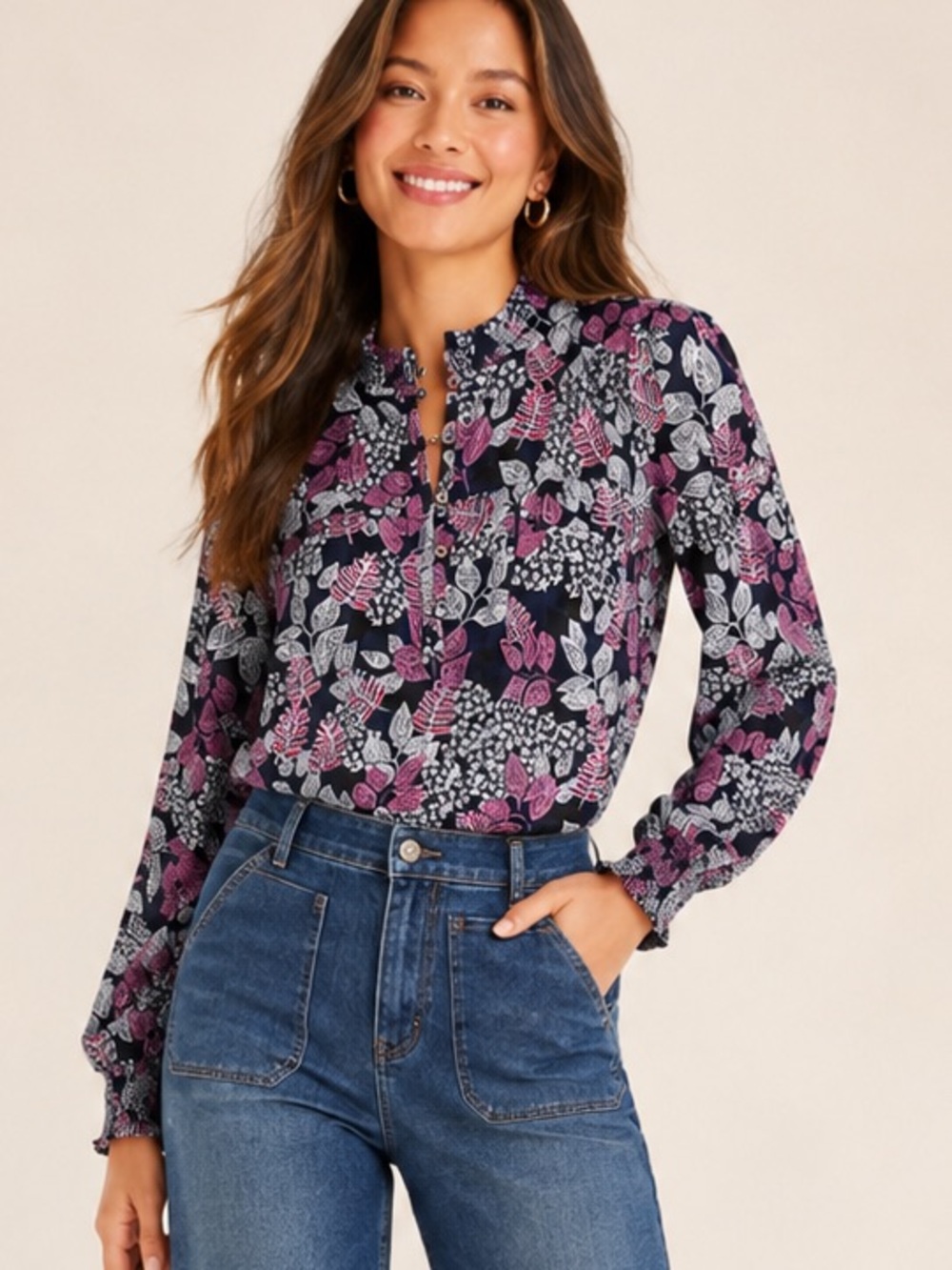 Loft Leafed Smocked Button Blouse Size L Romantic Bohemian